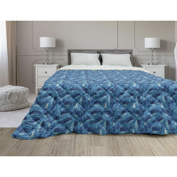 Whale Down Alternative Comforter, Pastel Look Animals of the Seas in Minimal Design Polka Dots and Stripes, Microfiber Quilt for All Season, 5 Sizes, Sea Green and Turquoise, by Ambesonne