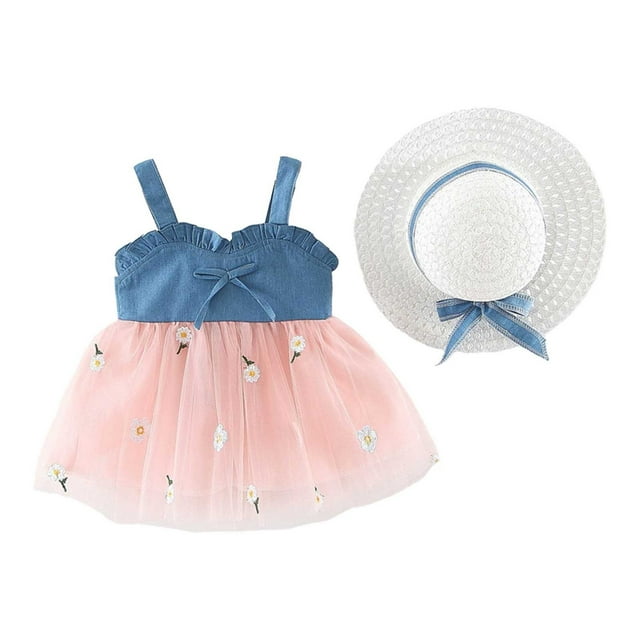 MEZZALL Robe Tutu pour Bébé Fille Robe d'Été Sans Manches Dos Nu Robe de Fête d'Anniversaire avec Chapeau de Paille, Rose, 1-2 Ans