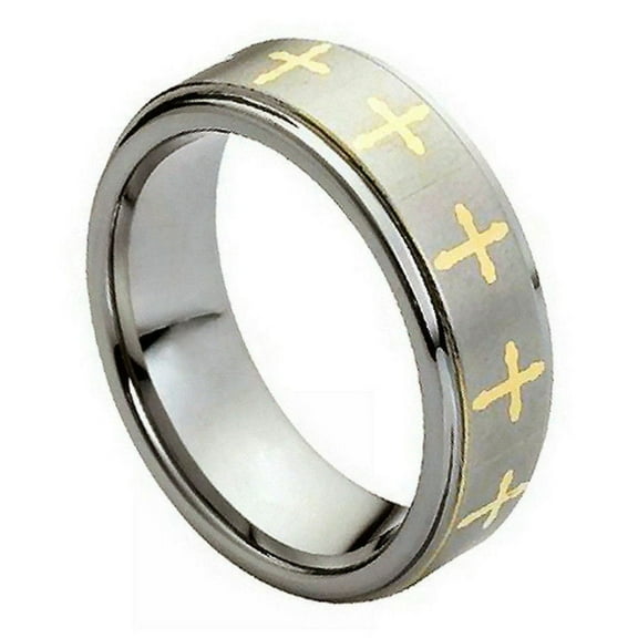 Tungsten Eternity Yellow Gold-Tone Crosses Stepped Edge Ring Size 9.5