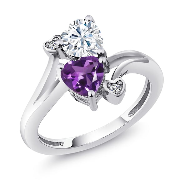 Gem Stone King 925 Sterling Silver White Moissanite Purple Amethyst and White Diamond Ring for Women (1.63 Cttw, Heart Shape 6MM, Gemstone Birthstone, Size 9)