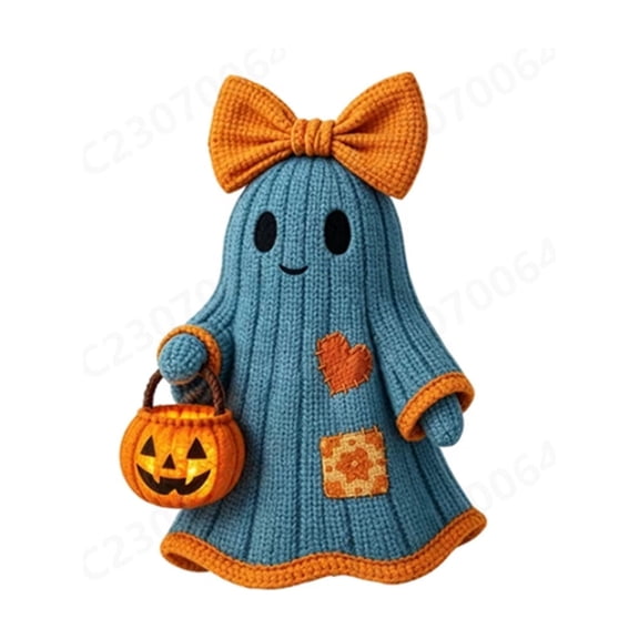 chaungfeng Knitted Blue Ghost Statue, Resin Ghost Table Ornament, Pumpkin Bucket Ghost Sculpture, Knitted Texture Ghost Figurine Orange Bow Glowing Pumpkin Bucket Halloween Tabletop Decor