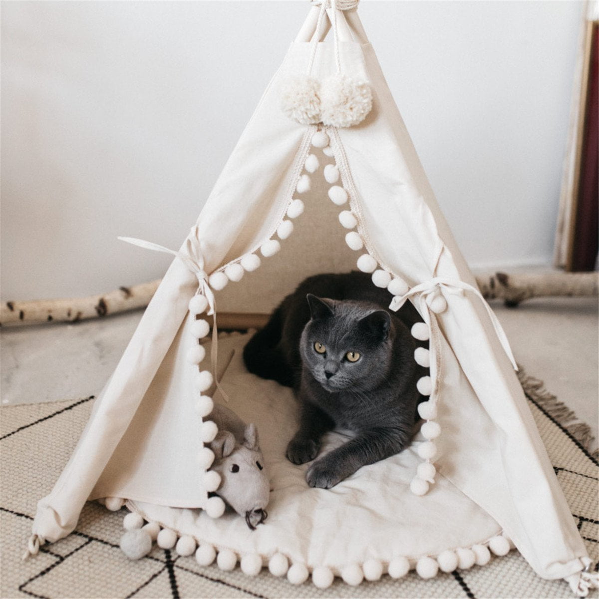 28 Inch Pet Teepee House Fold Away Beige Pompom Pet Tent Furniture Cat