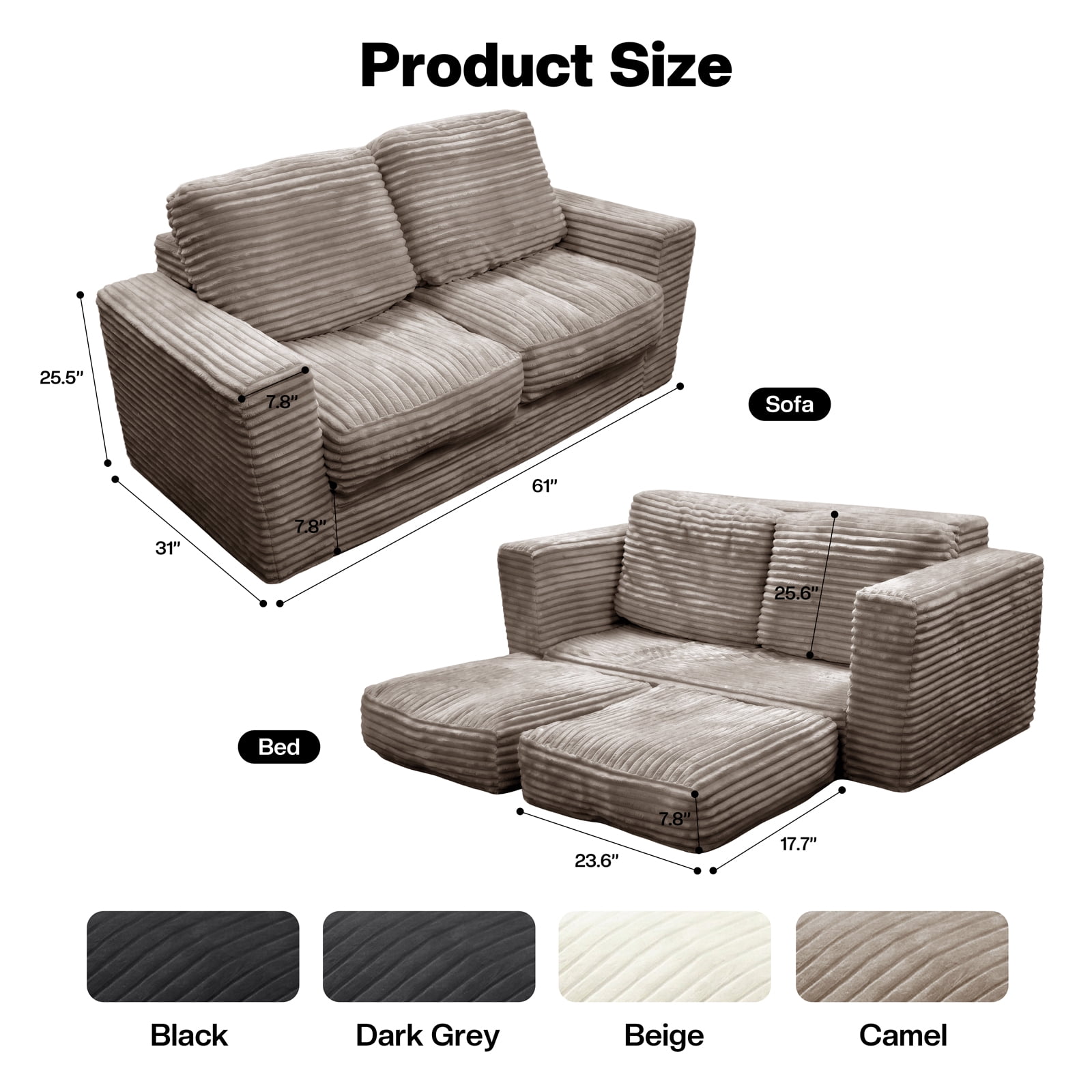 Kelyda 61''Boneless Loveseat Sofa, Modern Cloud Convertible Sofa Bed Couch Sleeper Chairs for Living Room Light Coffee