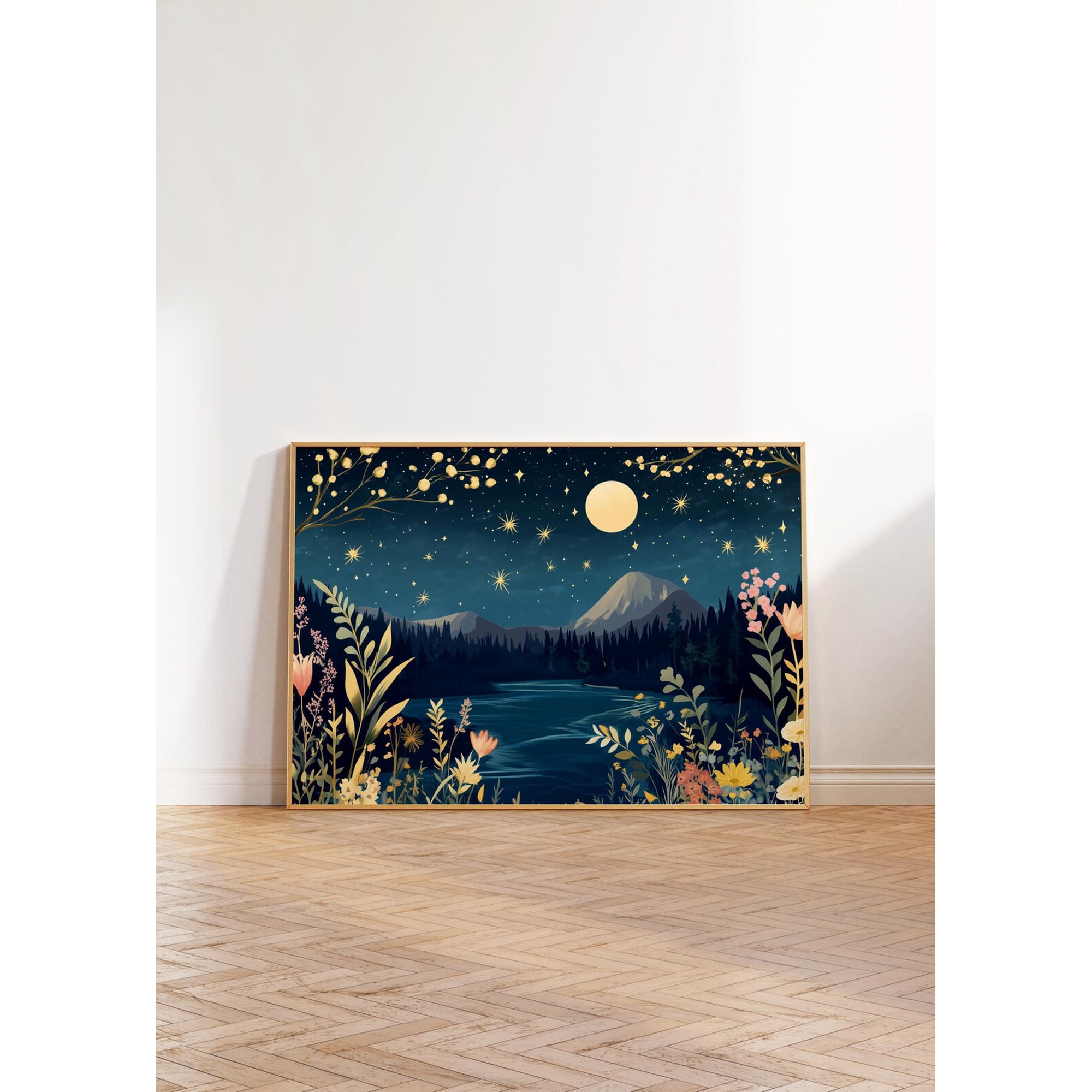 Pastel Night Sky Wall Art Colorful Moonlight Scenery Print Vibrant Stars Decor Floral Illustration Poster Moonlight Scenery Artwork Wall Art Modern Wall Decor 16x24 UNFRAMED
