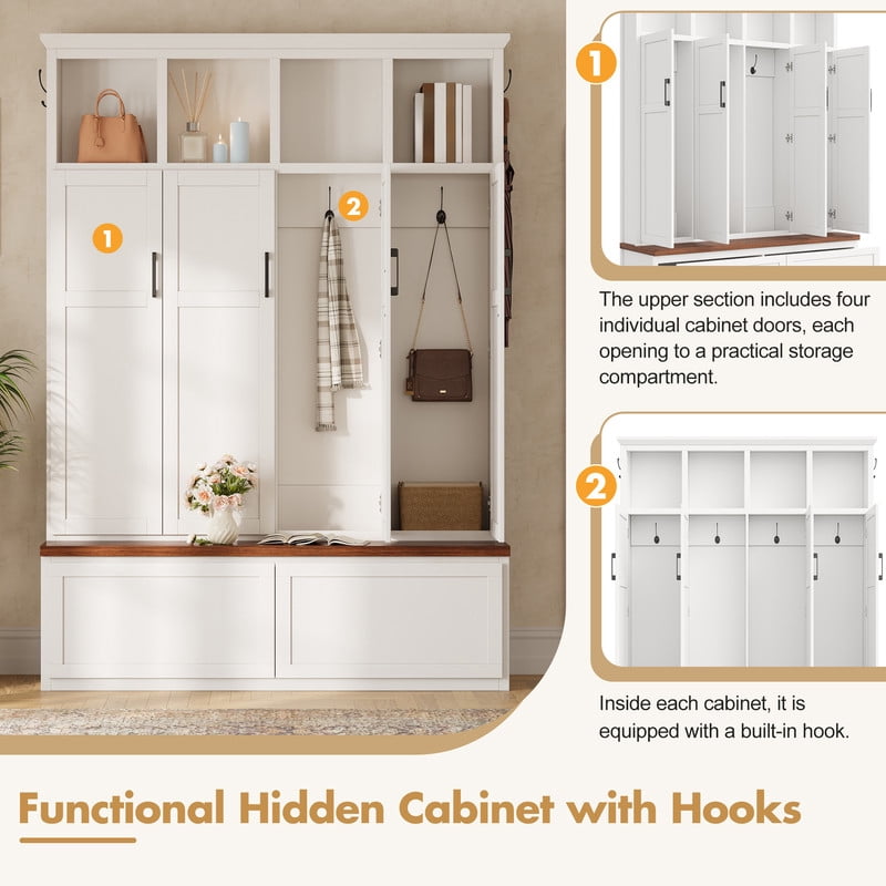 Modern Farmhouse Hall Tree with Bench and Storage Cabinets, Entryway Coat Rack with 6 Hooks, 4 Hidden Cabinets, Drawers and Open Shelves, Mudroom Organizer for Hallway, Living Room