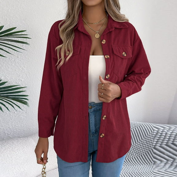 Ailaofu Womens Corduroy Shacket Blouses Button Down Shirts Pocket Long Sleeve Tops Jacket Coats