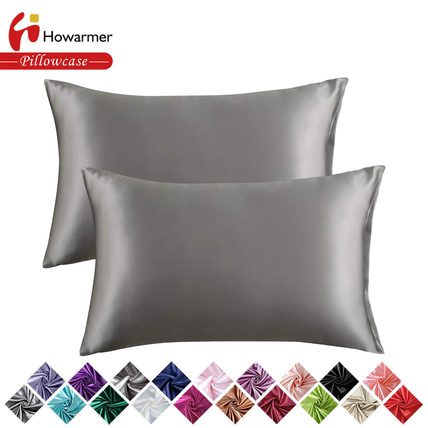 Howarmer Pillowcases for Hair and Skin, Set of 2 Silver Gray Satin