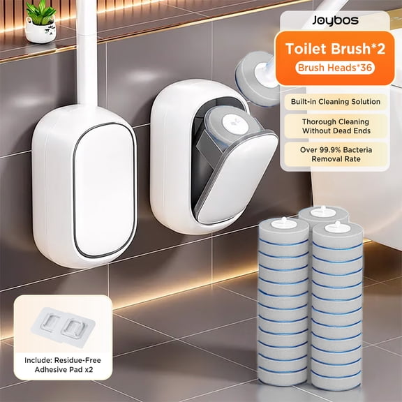 Joybos Disposable Toilet Brush Holder with 36 Refills Head, Wall Mounted Toilet Bowl Brush and Caddy Set, 2 Pack