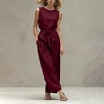 thumbnail image 3 of Idoravan Women Summer 2 Piece Outfits Wide Leg Pants Set Vacation Travel Airport Outfits Women’S Fashion Solid-Color Round Neck Strap Sleeveless Shirts Pocket Pants Sets, 3 of 7