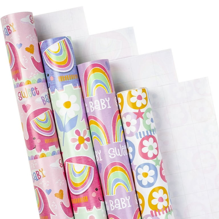 LeZakaa Reversible Baby Shower Wrapping Paper - Jumbo Roll - Elephant &  Footprint in Pink for Baby Girl - 24 inches x 100 Feet (200 sq.ft.)