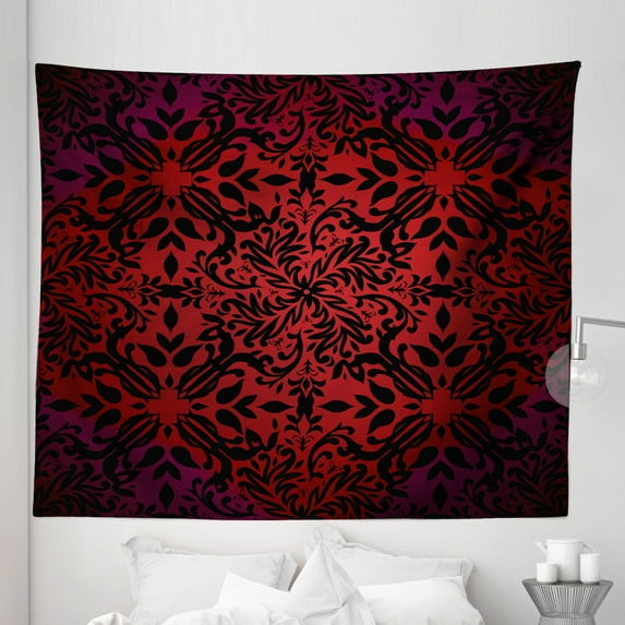 Abstract Tapestry, Mandala Inspired Curly Flowers and Leaves Details Frame Illustration, Fabric Wall Hanging Decor for Bedroom Living Room Dorm, 5 Sizes, Vermilion and Black, by Ambesonne