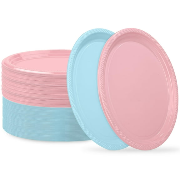 Aodaer 72 Pack Gender Reveal Disposable AFN1Plates For 10 x 12 Inch Baby Shower Tableware Light Pink & Light Blue Plastic Oval Plates for Baby Shower Gender Reveal Wedding Birthday Decor
