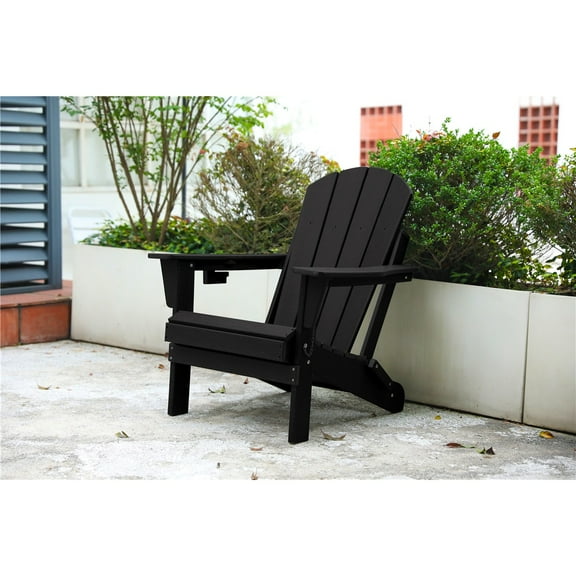 HDPE Folding Adirondack Chair with Dual Cup Holder - Composite Adirondack Chair with Wood Texture - Navy Blue