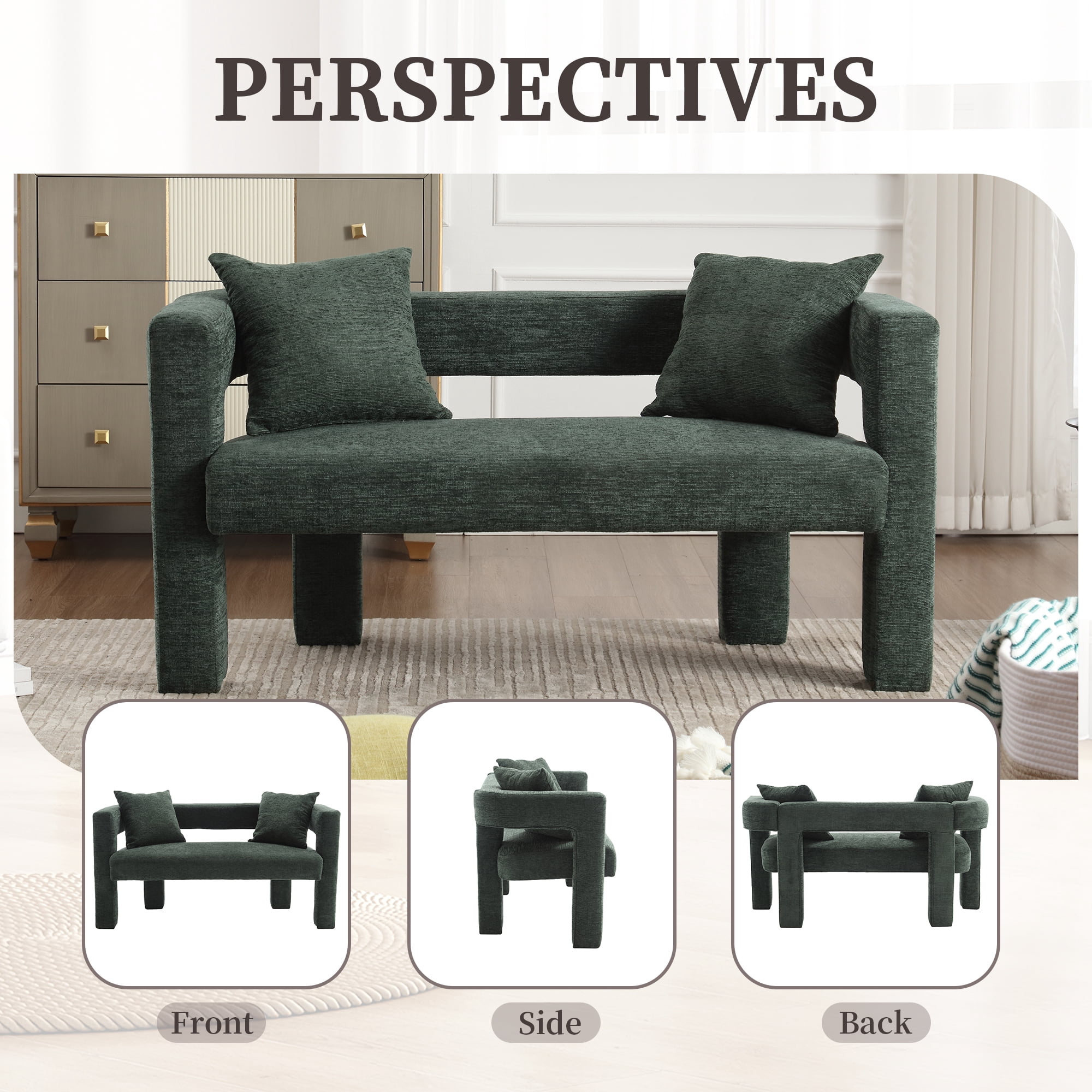 MOONMISS Chenille Upholstered Modern Comfy 2-Seater Loveseat Chair with 2 Pillows-Emerald
