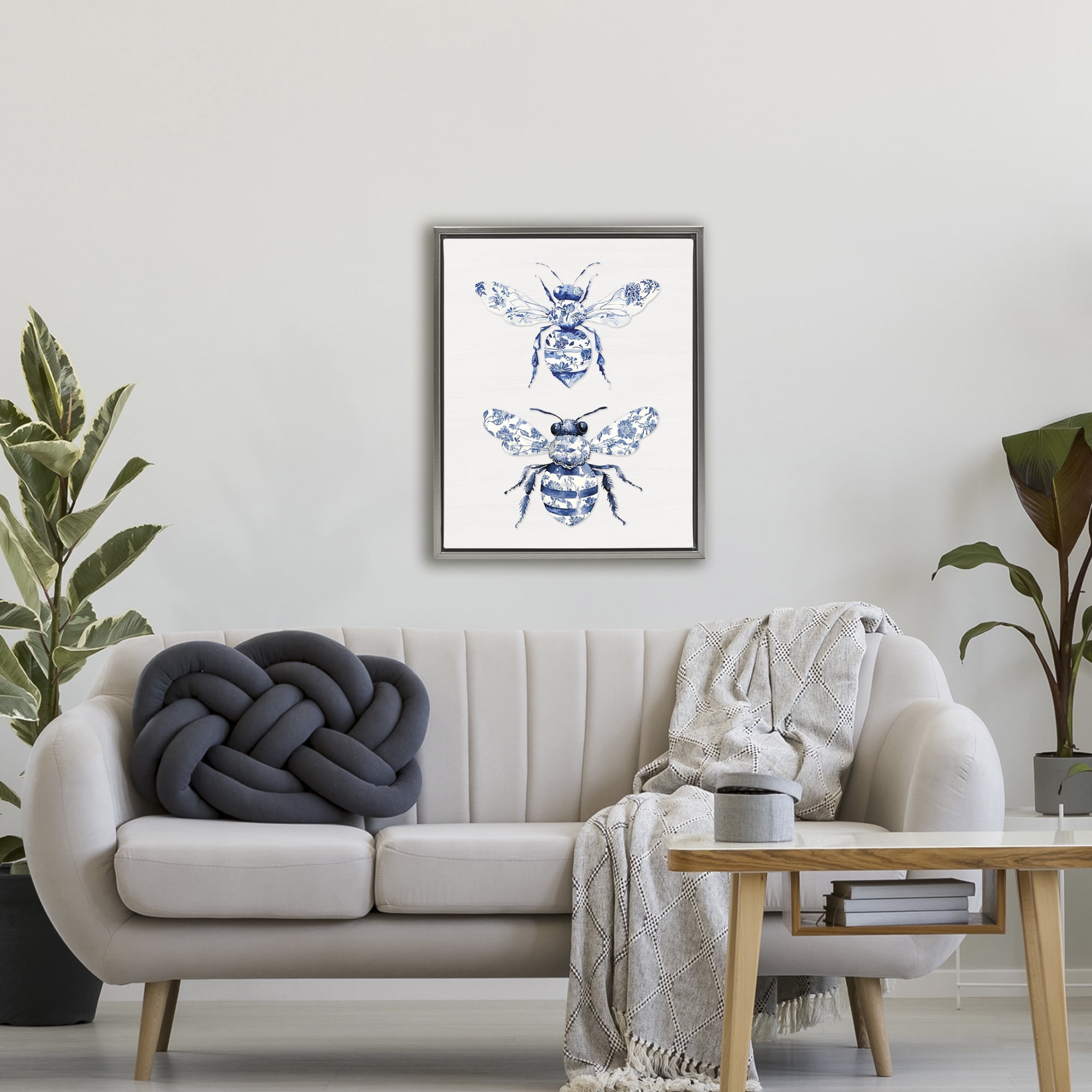 Toile Patterned Bees Gray Framed Floater Canvas Wall Art, design by Lettered and Lined