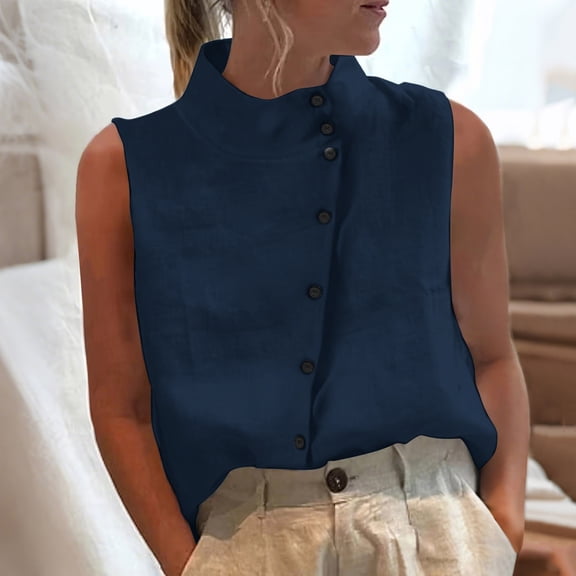 Craaazy Trendy Women's Loose Solid Gray Stand Collar Casual Sleeveless Blouse with Asymmetrical Button Detail, Lightweight Cotton Top for Summer, Daily Wear Gifts