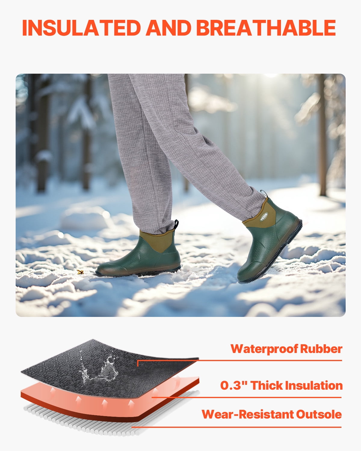 VEVOR Women's Deck Boots, Waterproof Fishing Rain Boots, Anti-Slip Ankle Rubber Boots, Gardening Insulated Mud Boots, Neoprene Rubber, Lightweight & Durable, for Manufacturing, Farming, Size 10 US
