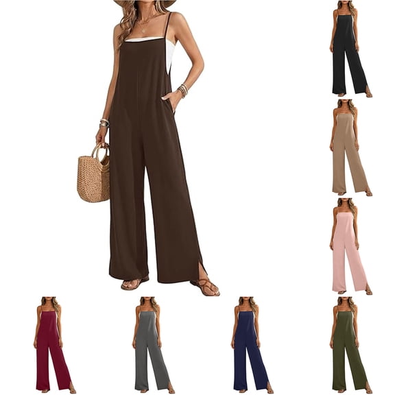 Miluxas Women's Sleeveless Spaghetti Strap Jumpsuit Casual Wide Leg Split Hem One Piece Outfit with Pockets Wine