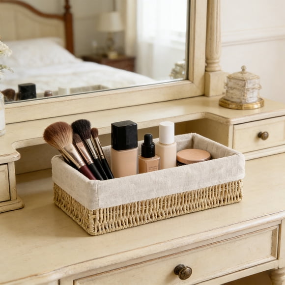 Handwoven Rattan Wicker Basket Rectangular Storage Organizer With Wooden Handle Bars Durables Home Storage For Clothes Toys Misc Items