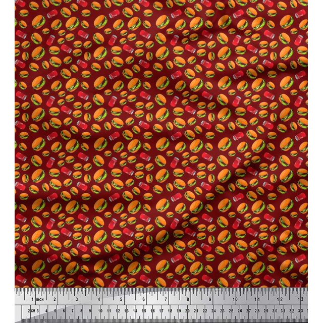 Soimoi Poly Georgette Fabric Coke & Burger Food Print Sewing Fabric Yard 52 Inch Wide