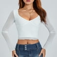 thumbnail image 4 of Douhoow Women Solid Color Sheer Mesh Long Sleeve T-Shirts Deep V Neck Cropped Tops Basic Tee, 4 of 9