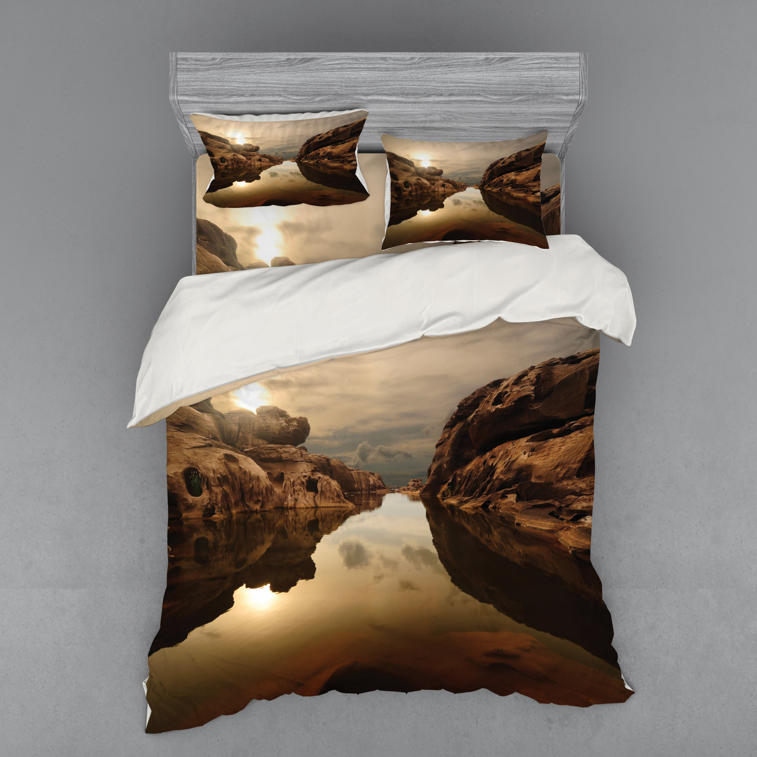 Nature Duvet Cover Set, Sunrise over Secluded Rocks in Calm Lake