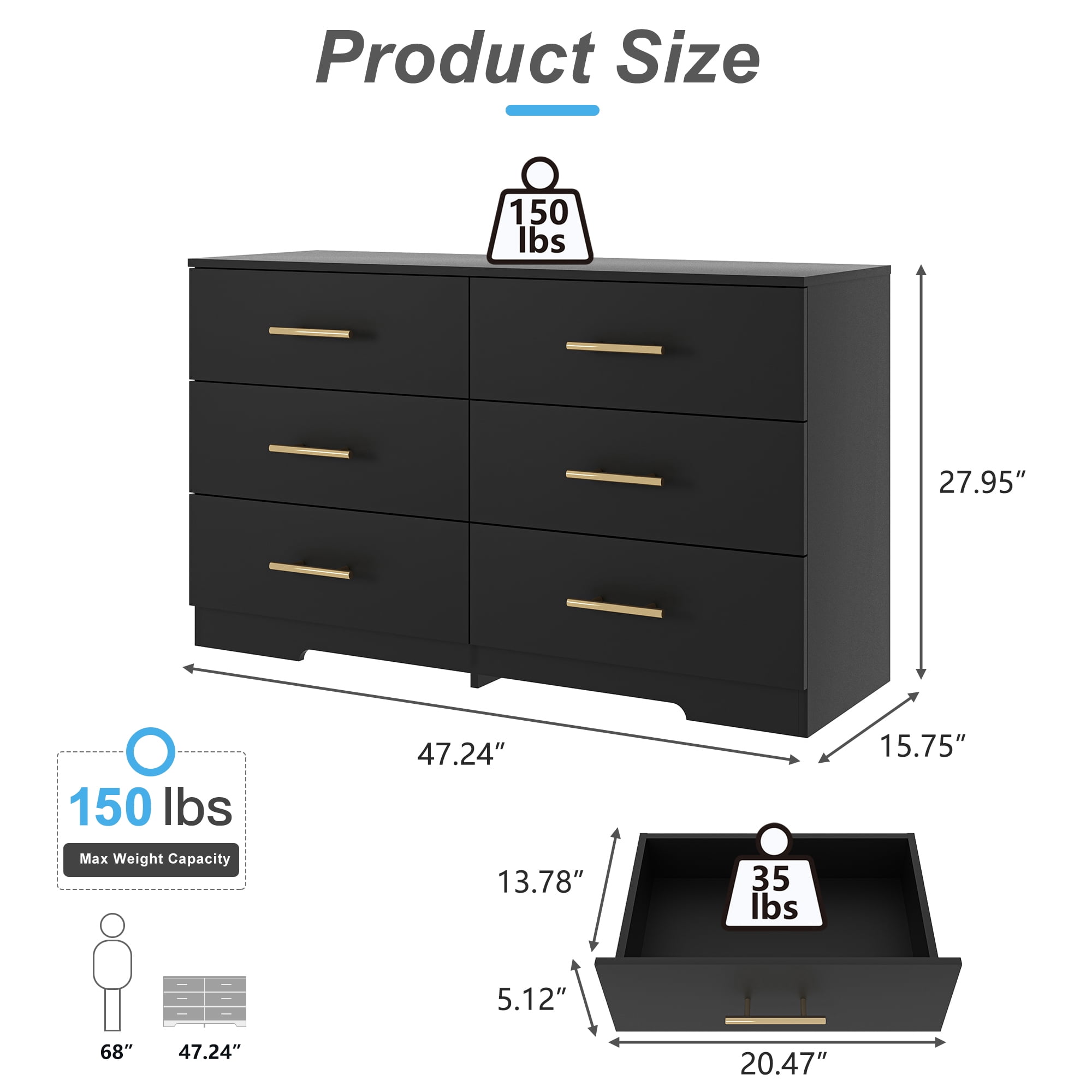 YYAo Wooden 6 Drawer Dresser, Large Modern Chest of 6 Drawers Night Table, TV Stand for 55" TV for Bedroom, Closet, Living Room, Black YYAo Wooden 6 Drawer Dresser, Large Modern Chest of 6 Drawers Night Table, TV Stand for 55" TV for Bedroom, Closet, Living Room, Black