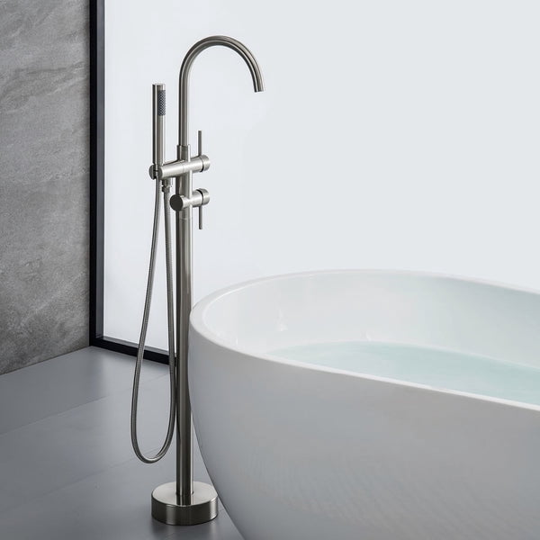 ANGELES HOME 2-Handle Freestanding Bathtub Faucet Floor Mount Bathroom Tub Faucets with Handheld Shower in Brushed Nickel