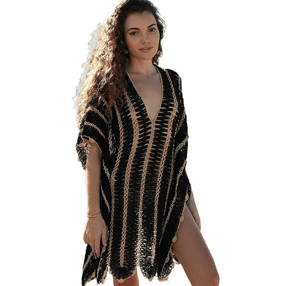 Black Sexy Hollow Out Deep V-neck Striped Crochet Mini Dress Women Summer Clothes Plus Size Beach Wear Swim Suit Cover Up