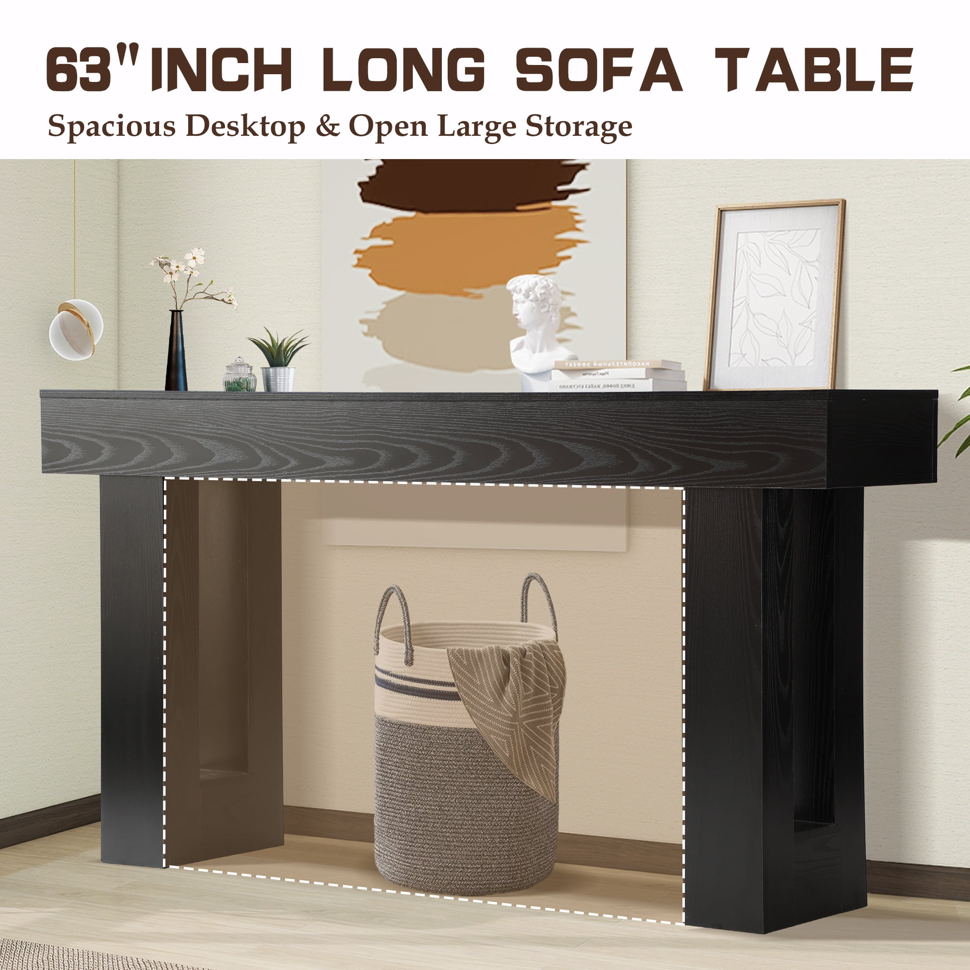 Magic Union 63" Long Console Table for Entryway, Wood Rectangular Sofa Table Behind Couch with 2-tier Open Storage and Weighted Base, Foyer Accent Tables for Entryway, Hallway, Living Room