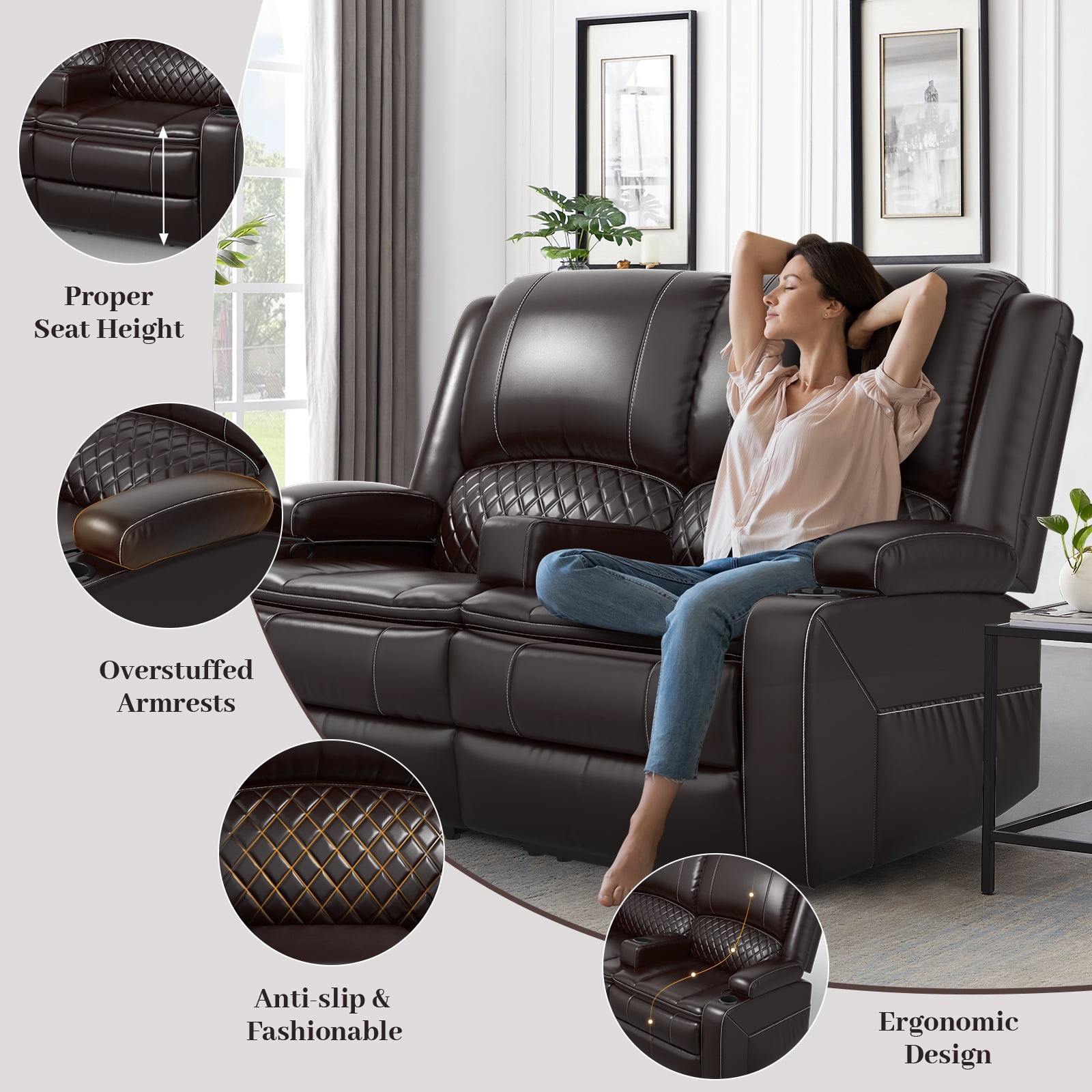 Loberfve Loveseat Recliner Sofa, Manual Recliner Chair with Removable Armrest, 2-Tier Cushions, USB Charging Ports, Cup Holders, Faux Leather Reclining Loveseat for Adults, Brown