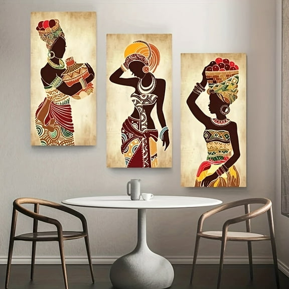 3pcs Golden African Canvas Art Prints - Vibrant Ethnic Wall Decor with Intricate Beadwork & Jewelry, Frameless, Indoor/Outdoor Use, Perfect for Living Room, Bedroom, or Home Accent, Cultural Home De