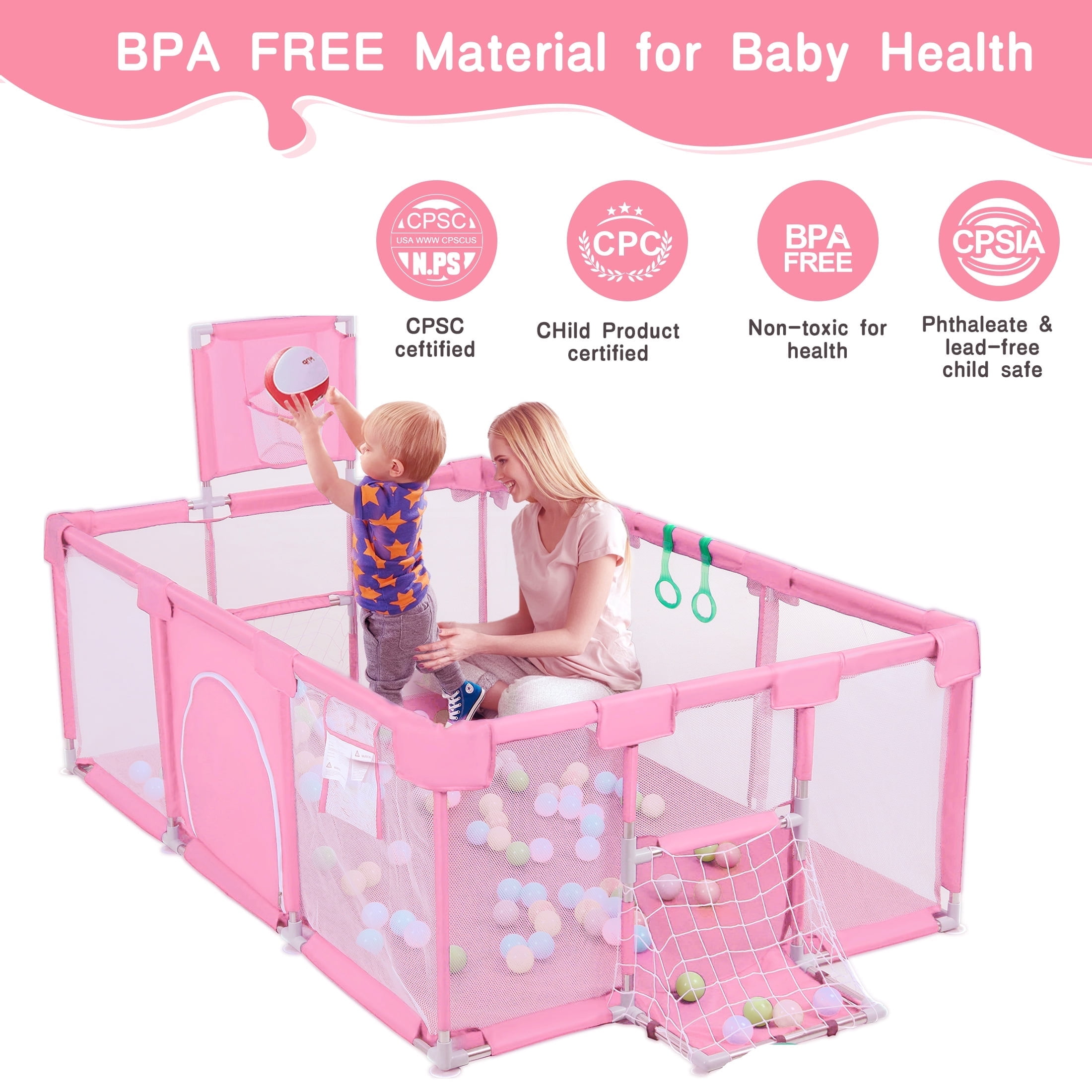 HioHa Large Baby Playpen, Big Baby Playard with Basketball Hoop, 71 inch Portable Play Yard Baby Fences with Storage Bag for Infant Toddler