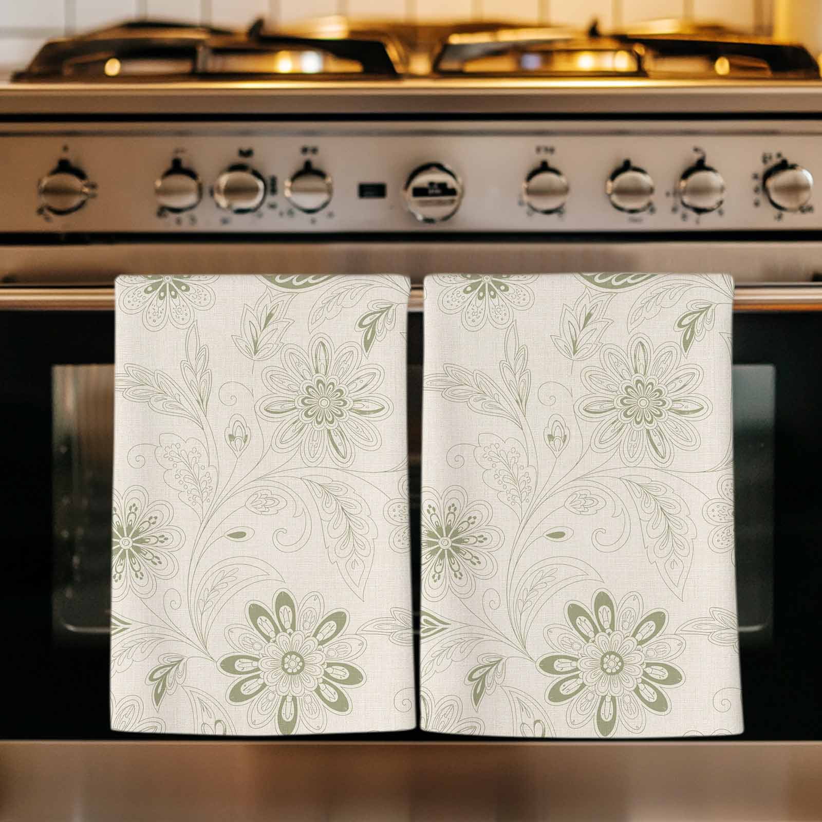 Dish Towels, Sage Green Paisley Pattern Absorbent Kitchen Towels 2 PCS, Boho Tribal Vintage Flowers Microfiber Hand Towels Dish Cloths Tea Towels for Home&nbsp;Bathroom Cleaning Drying,18X28-Inch,
