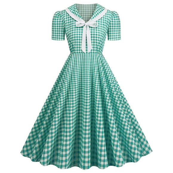 LOVZFMLL Fashion Women's Casual Plaid Printed Short Sleeve Puff Sleeve V-Neck Ladies Dress Sky Blue 2XL