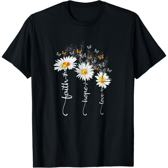 t-shirt Faith & Hope & Love Butterfly Daisy Chirstian God Religious T-ShirtMen and women can wear, black T-shirts, gifts. Age: M,L，XL 2XL, 3XL, 4XL