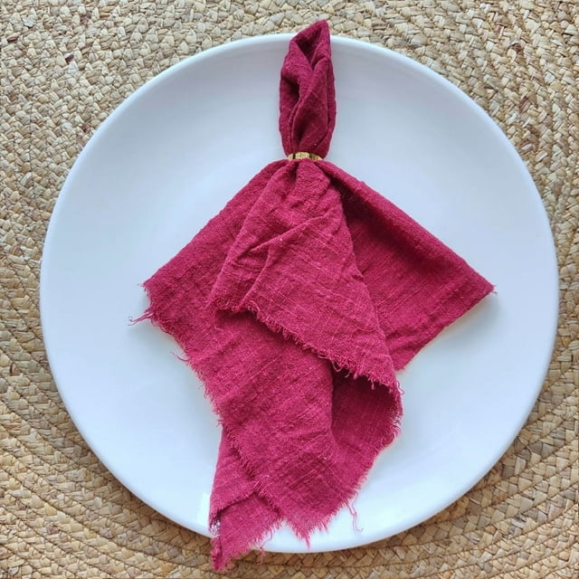 Xiao Hua Servilletas de tela de 42 x 42 cm (juego de 4), de gasa de lino con flecos, reutilizables, suaves y con flecos, para cenas, fiestas, Navidad y bodas (rosa oscuro).