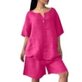 thumbnail image 2 of Two Piece Sets For Women Summer Linen Casual Outfit Plus Size Loose Fit Short Sleeve Shirts & Wide Leg Shorts Sets,Hot Pink,5XL, 2 of 7