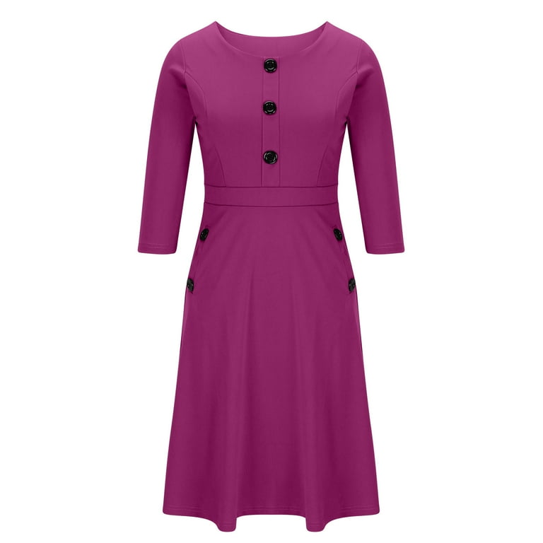 LbsKUS Elbow Sleeve Midi Dress for Women Tunic Blouson Dress Business  Casual Work Dresses Ladies Elegant Plain Outfit(Purple,Large) - Walmart.com