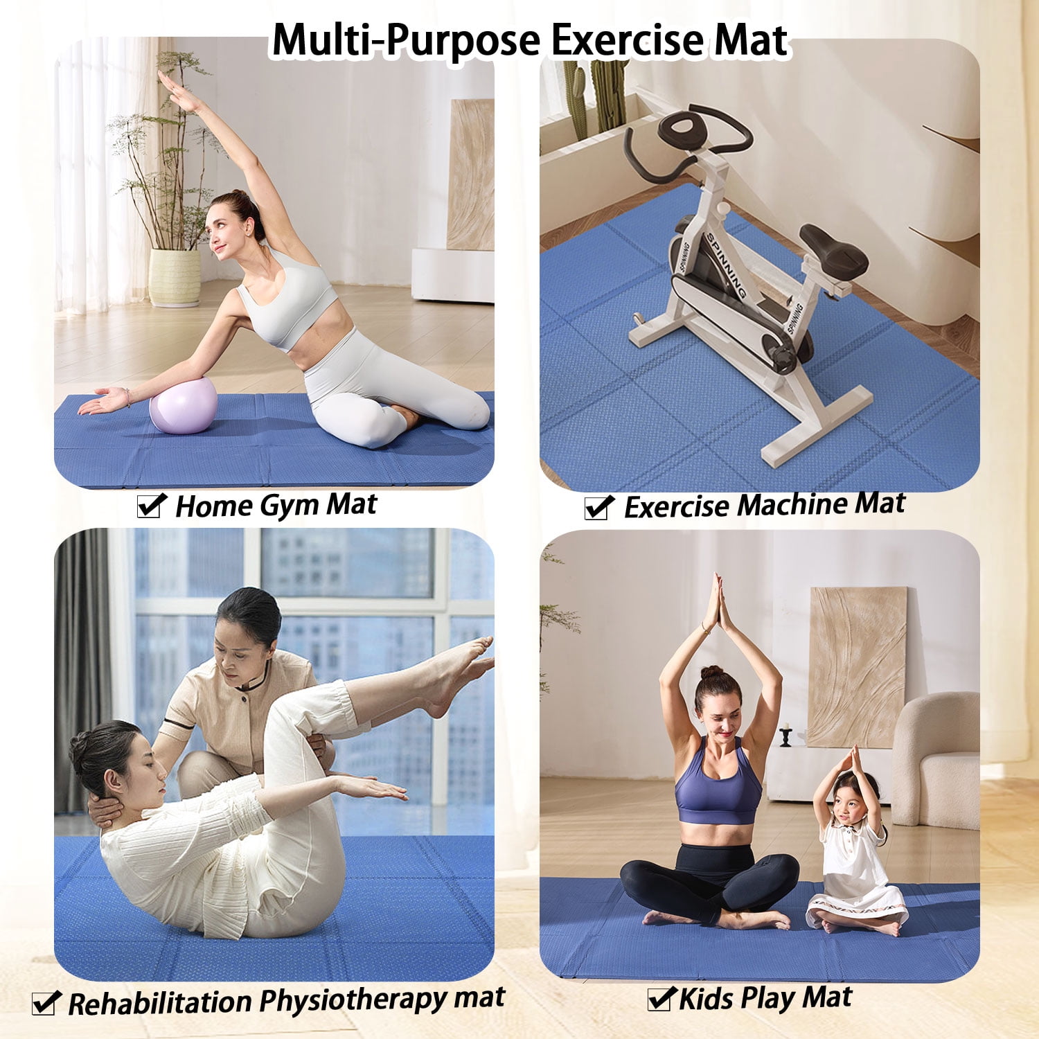 YR Foldable Yoga Mat Large 78X51" 10mm Thick Non-Slip TPE Folding Exercise Fitness Gymnastics Mat, Blue