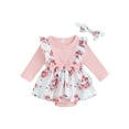 thumbnail image 1 of Biekopu Infant Girl Rompers Dress,Long Sleeve Rib Knit Floral Print Skirt Hem Jumpsuits with Headband, 1 of 8