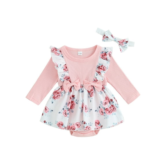 Bagilaanoe Newborn Baby Girl Rompers Dress Floral Print Long Sleeve Bodysuits 3M 6M 9M 12M 18M Infant Patchwork A-line Dresses