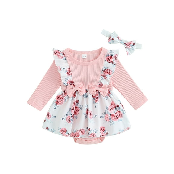 Bagilaanoe Newborn Baby Girl Rompers Dress Floral Print Long Sleeve Bodysuits 3M 6M 9M 12M 18M Infant Patchwork A-line Dresses
