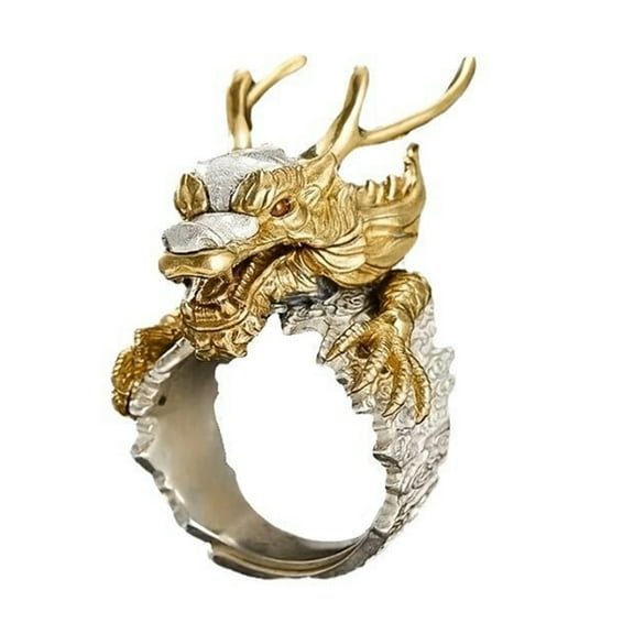 FENOHREFE Vintage Golden Dragon Rings Adjustable Open Mouth Unique Rings Ornament Fashion Jewelry Accessory for Women and Men
