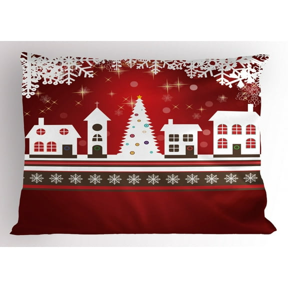 Christmas Pillow Sham Winter Holidays Theme Gingerbread House with Trees and Snowflakes Artwork Print, Decorative Standard King Size Printed Pillowcase, 36 X 20 Inches, Red White, by Ambesonne