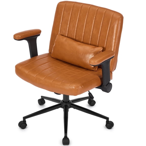 IPKIG Ergonomic Office Chair with Criss Cross Back, Wide PU Leather Seat, Flip-Up Arms, Swivel & Wheels for Home Office or Living Room