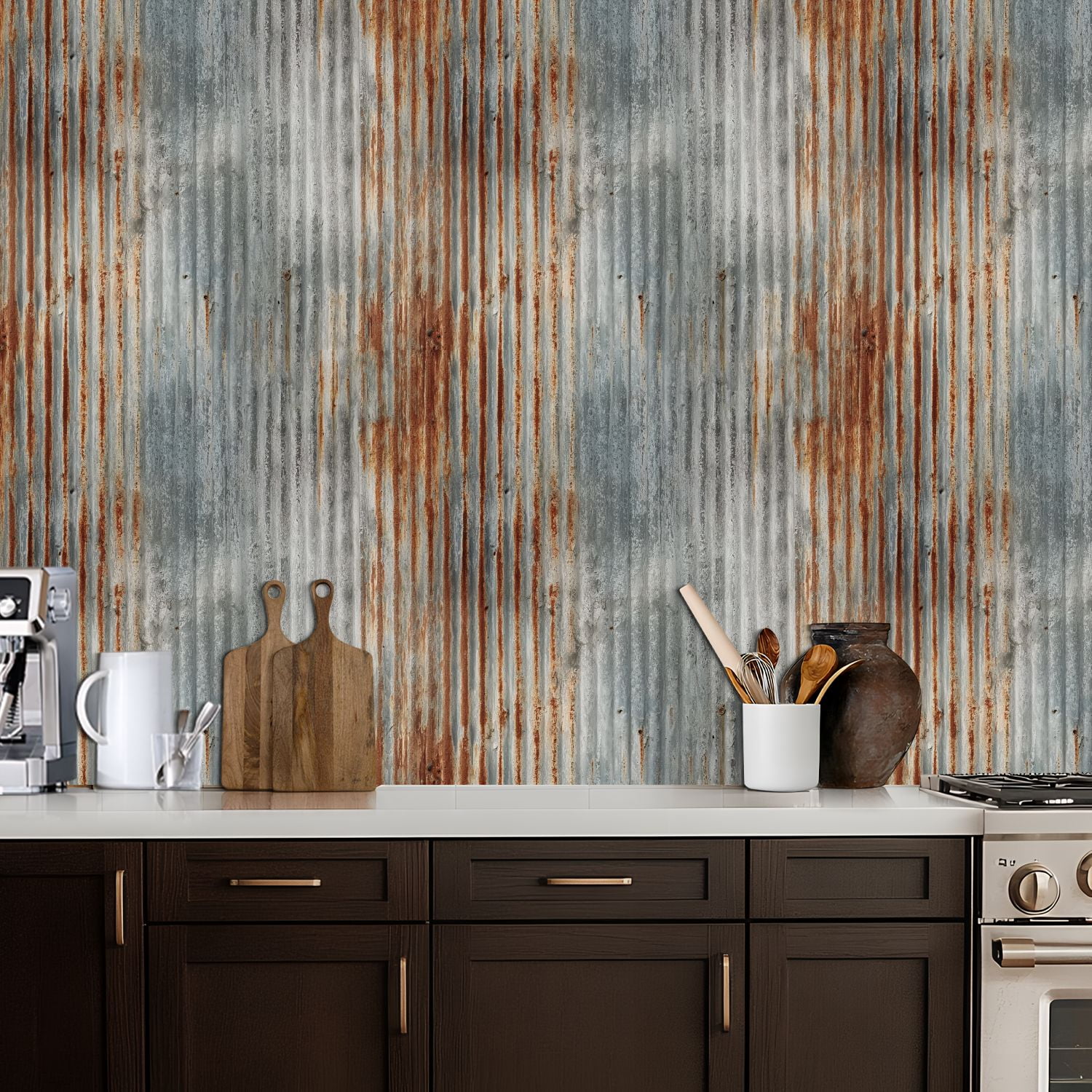 Modern Industrial Rusty Corrugated Metal Texture Weathered Gray Orange Patina Wall Mural 17.7in x 9.8ft Self Adhesive Removable Wall Paper Renter Friendly Wallpaper for Bedroom Cabinets