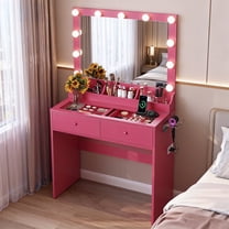 Zimtown Vanity with Mirror and Light, Makeup Desk with Charging Station and Storage, Dressing Table with Hair Dryer Rack for Bedroom, Pink