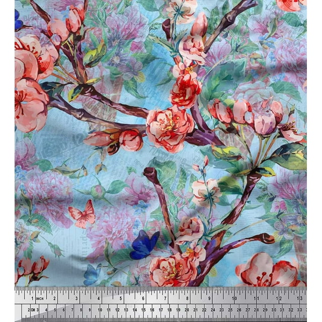 Soimoi Blue Polyester Crepe Fabric Insect,Peach & Pink Floral Decor Fabric Printed BTY 52 Inch Wide
