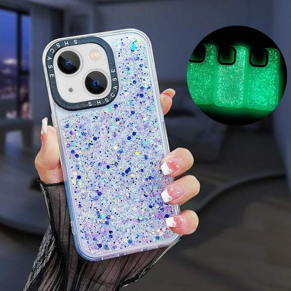 Compatible with iPhone 15 Bling Case Glow in The Dark Noctiluncent Fluorescent Luminous Phone Case Women Girls Girly Glitter Sparkling Slim Soft TPU Bumper Protective Cover,Purple